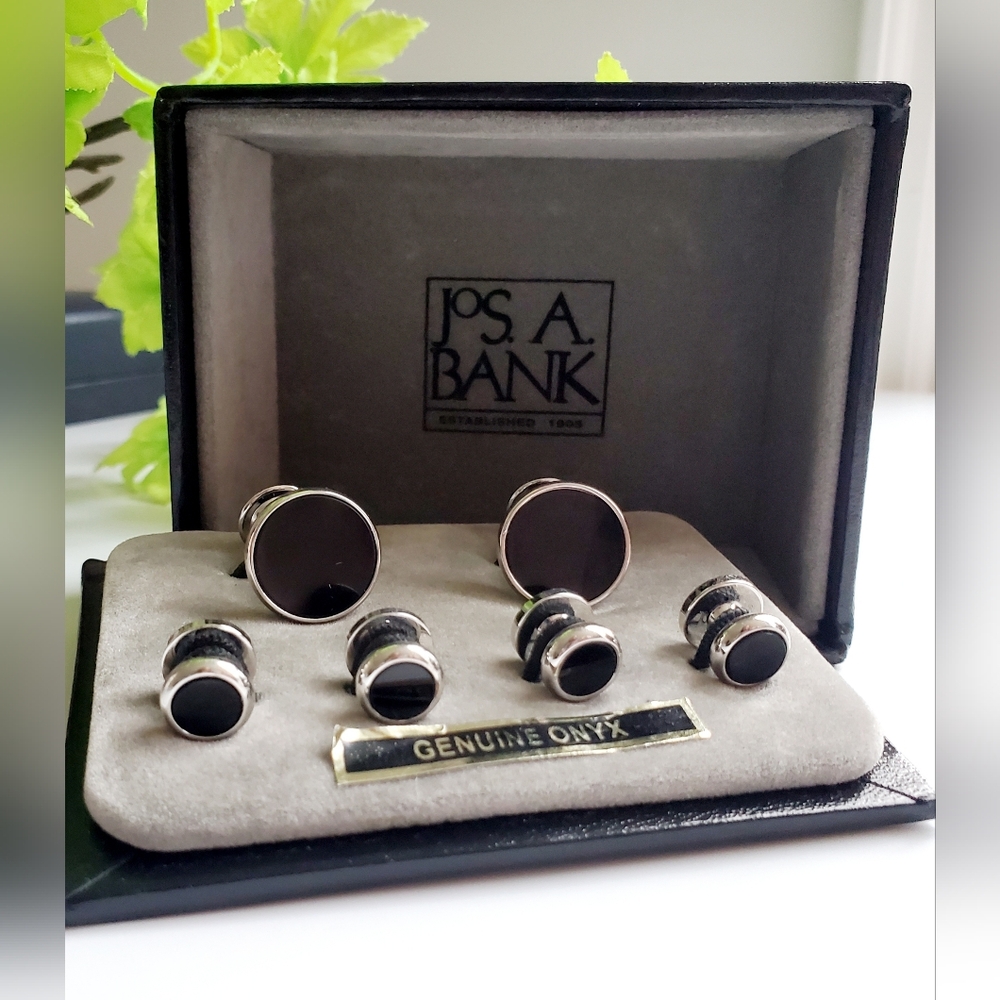 Jos. A. Bank Silver & Black Onyx Circle Cufflinks & Studs Set Timeless Classic